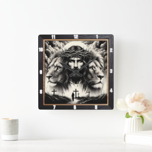 Horloge Carrée Le Christ Lions traverse la spiritualité