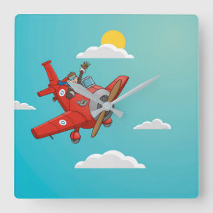 Horloge Carrée Le joyeux pilote dans l'avion rouge -