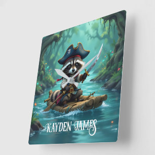 Horloge Carrée Le mignon capitaine Raccoon descend en rafting sur