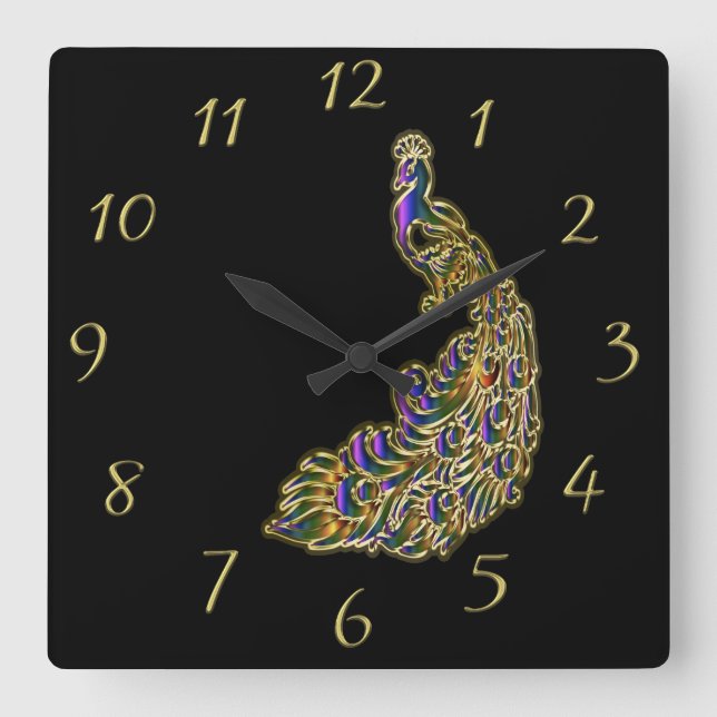 Horloge Carrée Le paon d'or et de violet brillant (Recto)