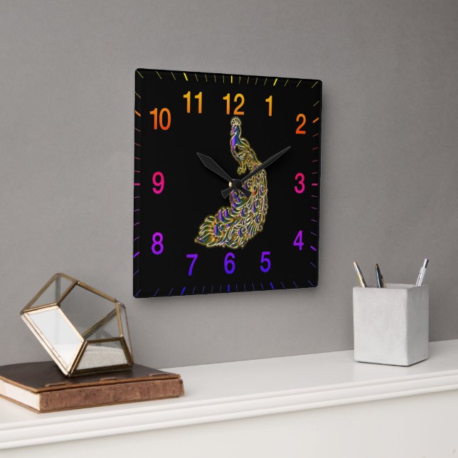 Horloge Carrée Le paon doré et violet brillant (Bureau)