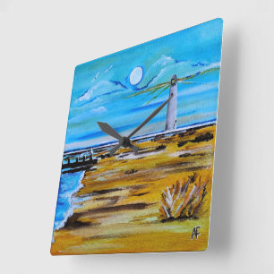 Horloge Carrée Le phare sur la plage Peinture d'Alfred Fox