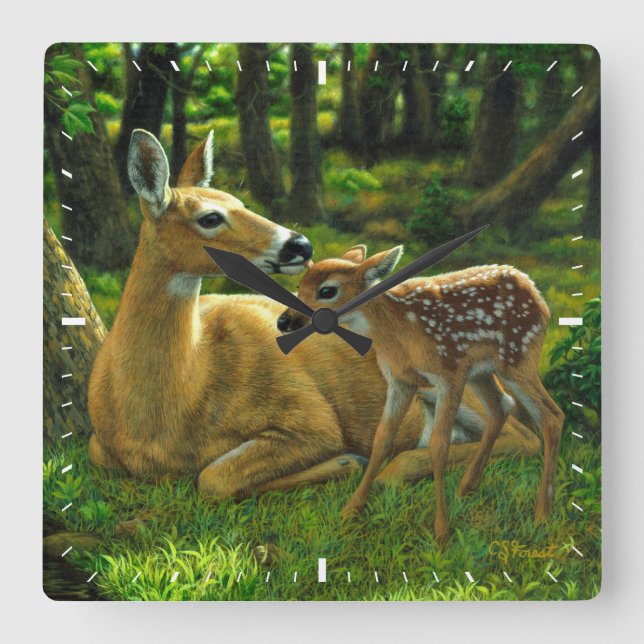 Horloge Carrée Le printemps blanc Fawn et la mère Deer (Recto)