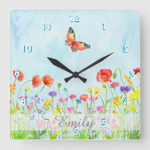 Horloge Carrée le ressort de fleurs sauvages fleurit l'aquarelle