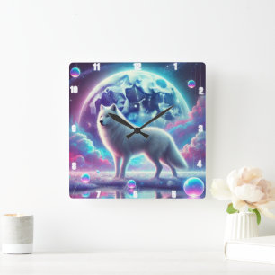 Horloge Carrée Le rêve lunaire du loup