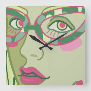 Horloge Carrée le visage d'une femme dans des lunettes vintages.