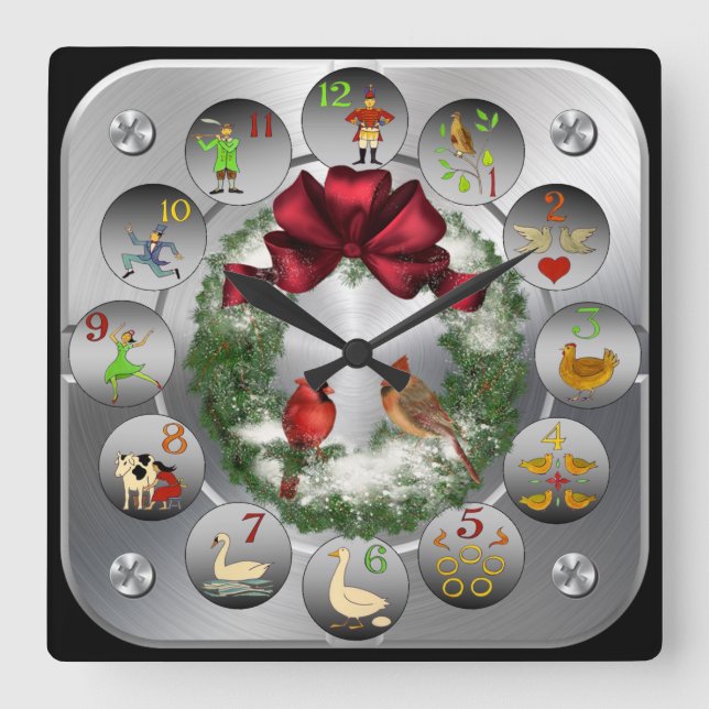 Horloge Carrée Les 12 Jours De Noël ~ Cardinaux Wreath ~ (Recto)