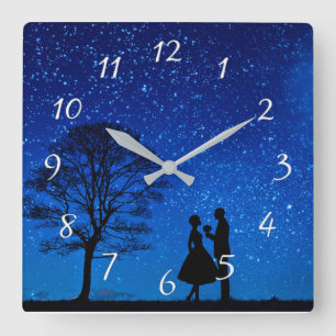 Horloge Carrée Les amoureux en pleine lune       