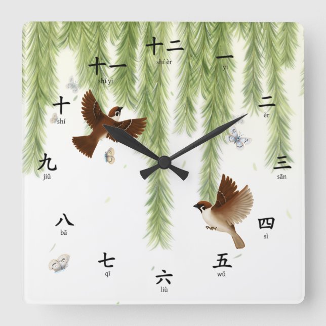 Horloge Carrée Les Chinois de Tree Sparrows et Pinyin Phonetic (Recto)