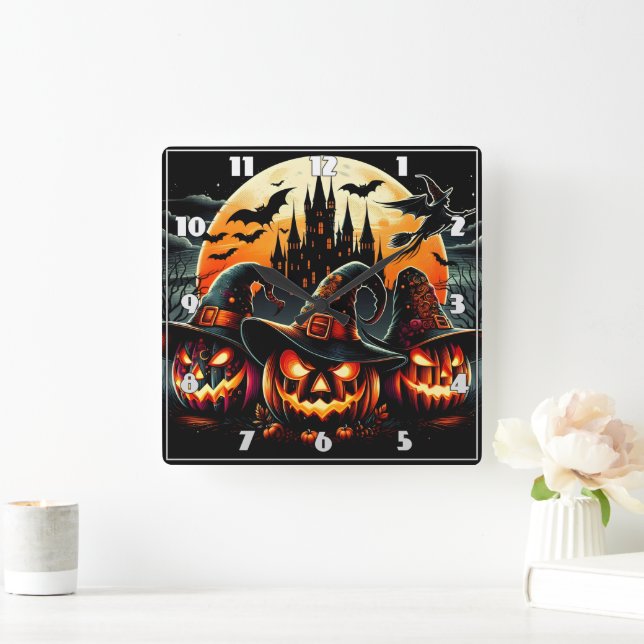 Horloge Carrée Les citrouilles éffrayants brillent au clair de lu (Maison)
