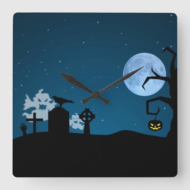 Horloge Carrée Les fantômes d'Halloween au cimetière (Recto)