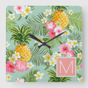 Horloge Carrée Les Fleurs tropicales   Add Your Initial