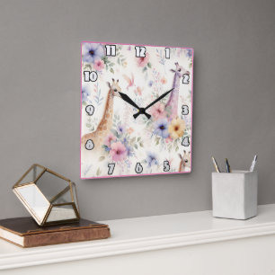 Horloge Carrée Les girafes sillonnent les fleurons africains