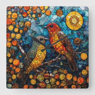 Horloge Carrée Les mignons oiseaux en mosaïque