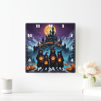 Horloge Carrée Les ours d'Halloween fêtent avec des jack-o'lanter
