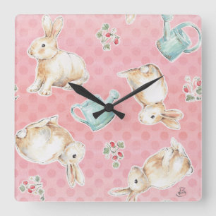 Horloge Carrée Les Patterns de Springtime Bunnie
