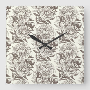 Horloge Carrée Les pivoines et les papillons bloquent l'impressio