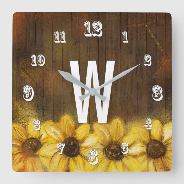 Horloge Carrée Les tournesols ont peint sur le monogramme en bois (Recto)