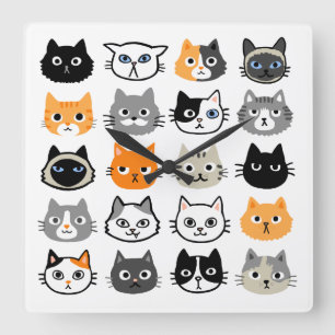 Horloge Carrée Les visages des chats  Chats mignons, amusants et 