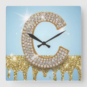 Horloge Carrée Lettre C de luxe en diamant sur fond de paillettes