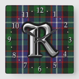 Horloge Carrée Lettre Clan Russell R Monogramme Tartan