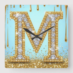 Horloge Carrée Lettre M en diamant de luxe sur fond doré pailleté