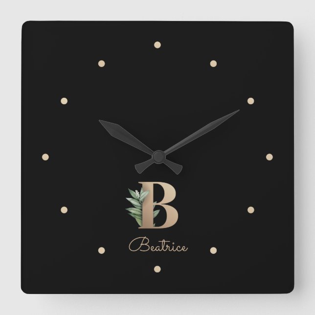Horloge Carrée LETTRE MONOGRAPHIQUE BOtanique Élégante B (Recto)