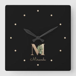 Horloge Carrée LETTRE MONOGRAPHIQUE BOtanique Élégante M