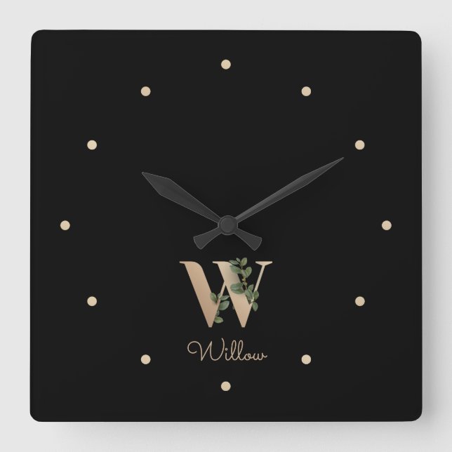 Horloge Carrée LETTRE MONOGRAPHIQUE BOtanique Élégante W (Recto)