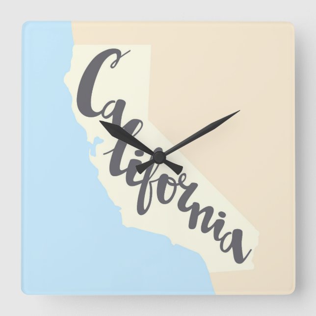 Horloge Carrée Lettres de pinceau californienne avec carte Silhou (Recto)