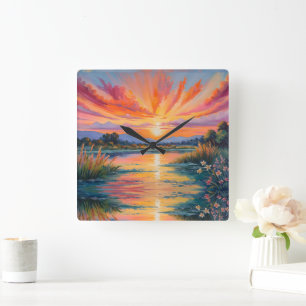Horloge Carrée Lever de soleil à l'aquarelle de l'étang