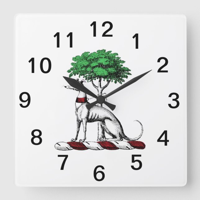 Horloge Carrée Lévrier Whippet avec emblème de blason d'arbre (Recto)