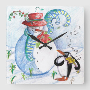 Horloge Carrée L'HIVER de BONHOMME DE NEIGE ET de PINGOUIN