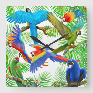 Horloge Carrée L'horloge murale de jungle de perroquet d'ara