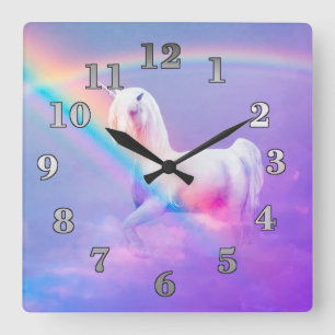 Horloge Carrée Licorne et arc-en-ciel