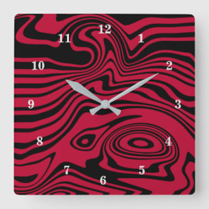 Horloge Carrée Lignes noires et rouges déformées Abstraites - p