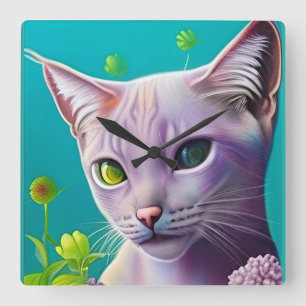 Horloge Carrée Lilac Chat Siamese en fleurs Lilac sur Turquoise