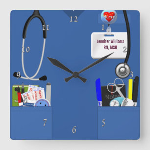 Horloge Carrée L'infirmière personnalisée frotte dans le bleu