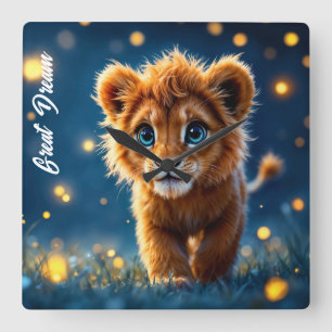 Horloge Carrée Lion aux yeux bleus enchanté dans lueur de luciole
