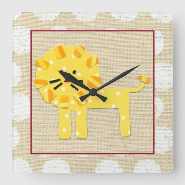 Horloge Carrée Lion jaune avec Pois blancs (Recto)
