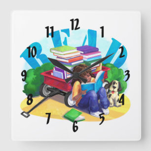 Horloge Carrée Lire le chariot de livres d'art