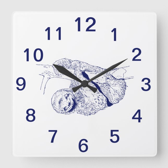 Horloge Carrée Lithographie de dessin de Sloth #1 bleu (Recto)