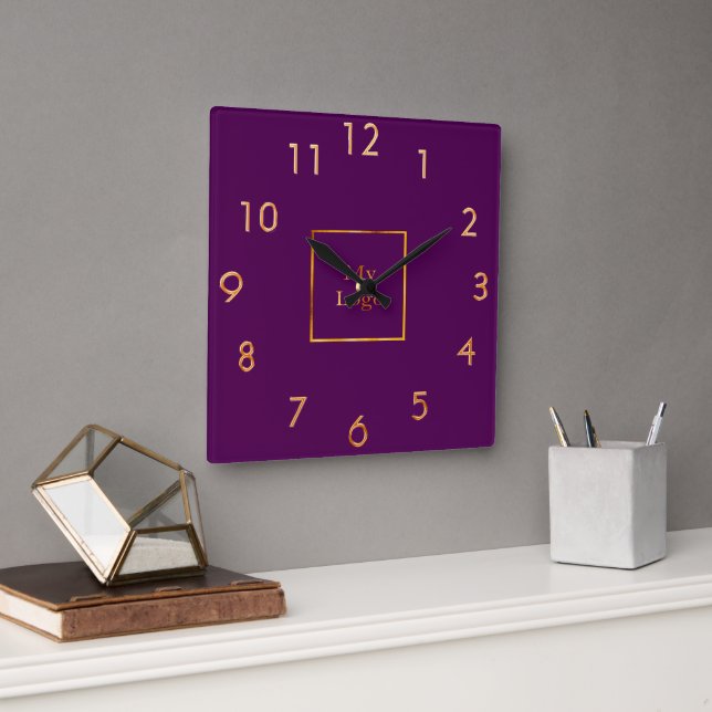 Horloge Carrée Logo de l'entreprise or violet (Bureau)