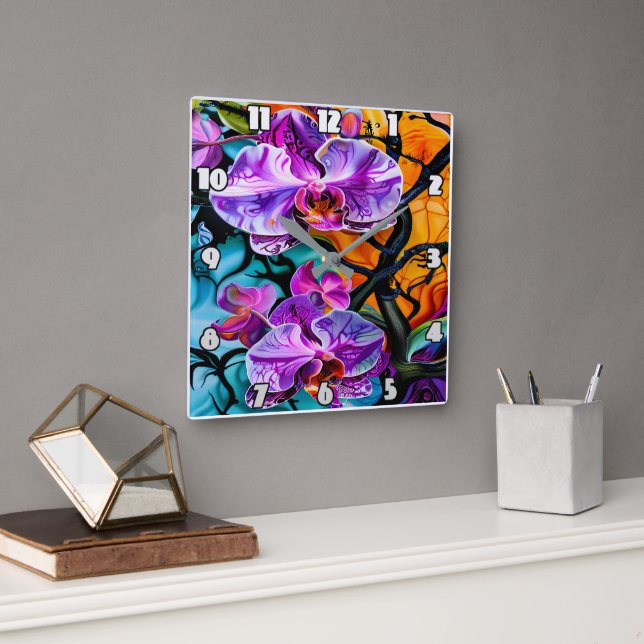 Horloge Carrée L'Orchidée Vibrante fleurit dans un contexte disti (Bureau)