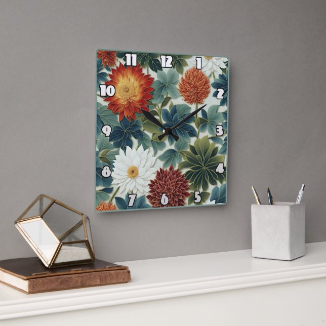 Horloge Carrée Lotus et Chrysanthème vibrants (Bureau)