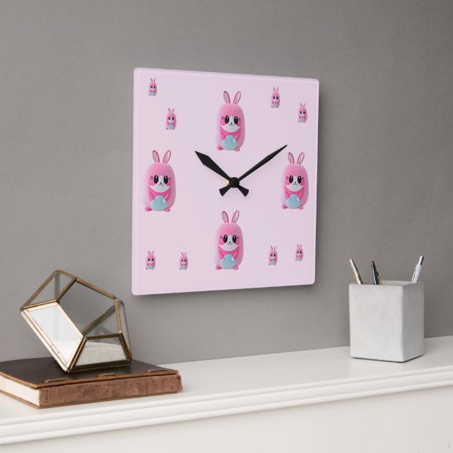 Horloge Carrée "Lou Lou". Une créature rose câline. (Bureau)