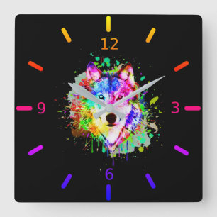 Horloge Carrée Loup à éclaboussure couleur aquarelle