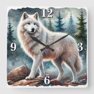Horloge Carrée Loup blanc majestueux en forêt d'hiver