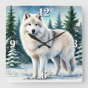 Horloge Carrée Loup d'hiver majestueux
