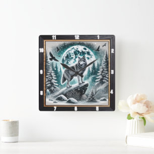Horloge Carrée Loup en forêt d'hiver sous ciel clair de lune